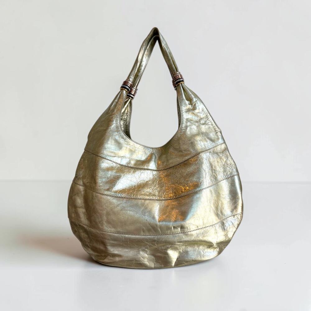 Cruciani Metallic Gold Leather Hobo Bag Mixed Metal Ring Handles Italy